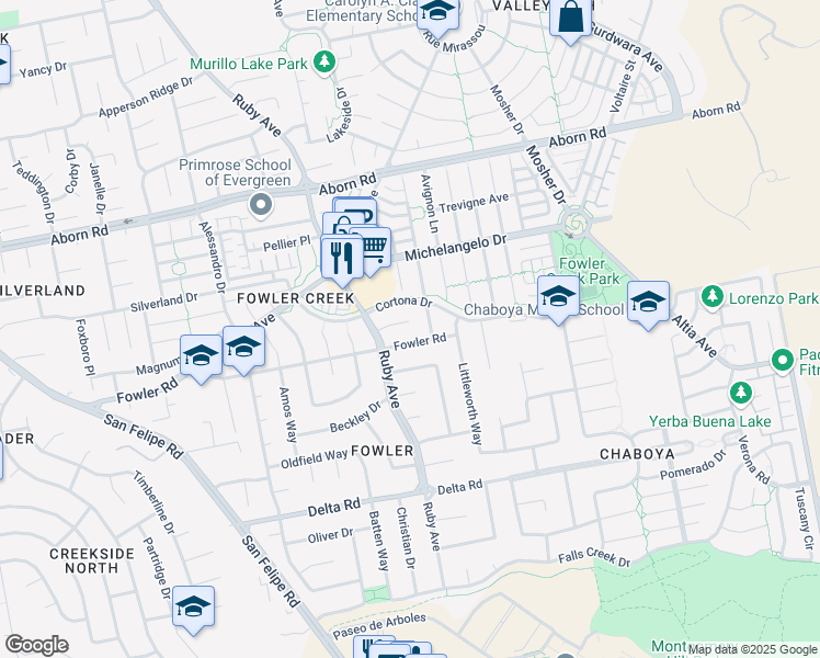 map of restaurants, bars, coffee shops, grocery stores, and more near 3192 Bourgogne Court in San Jose