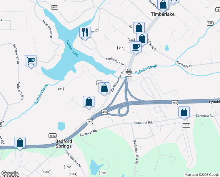map of restaurants, bars, coffee shops, grocery stores, and more near 37-267 Old Plantation Dr in Timberlake