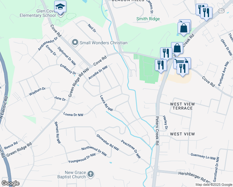 map of restaurants, bars, coffee shops, grocery stores, and more near 4615 Elva Road Northwest in Roanoke
