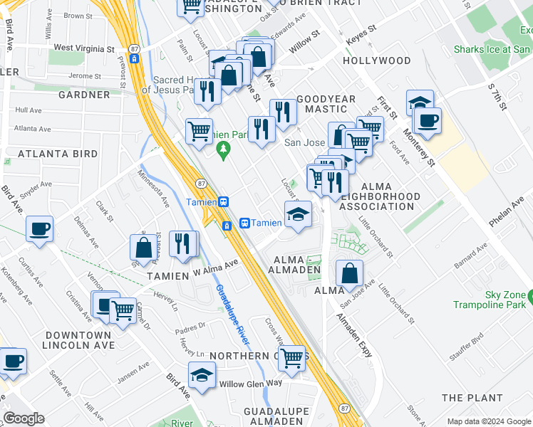 map of restaurants, bars, coffee shops, grocery stores, and more near 1298 Lick Avenue in San Jose