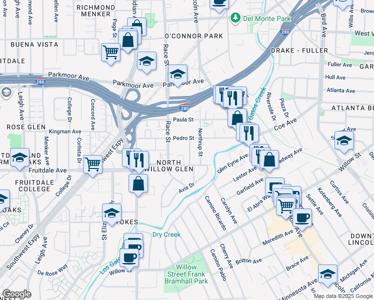 map of restaurants, bars, coffee shops, grocery stores, and more near 913 Delbert Way in San Jose