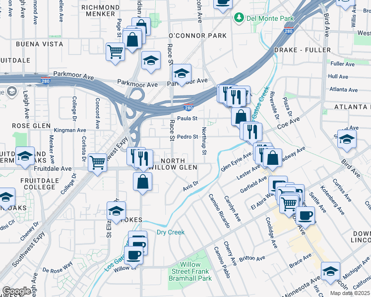 map of restaurants, bars, coffee shops, grocery stores, and more near 913 Delbert Way in San Jose