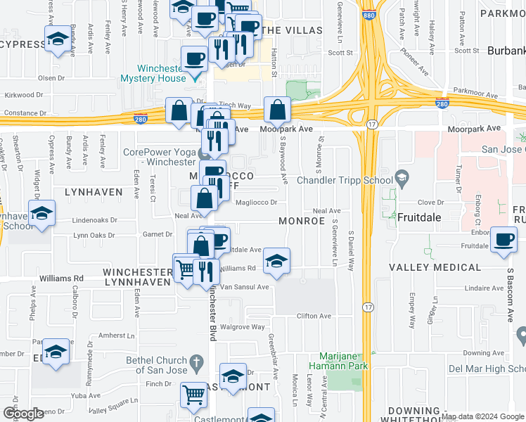 map of restaurants, bars, coffee shops, grocery stores, and more near 2970 Magliocco Drive in San Jose