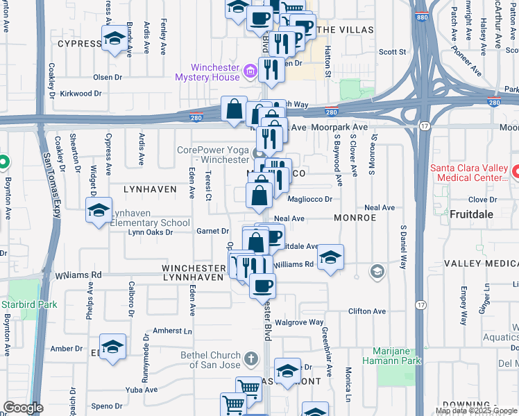 map of restaurants, bars, coffee shops, grocery stores, and more near 822 South Winchester Boulevard in San Jose
