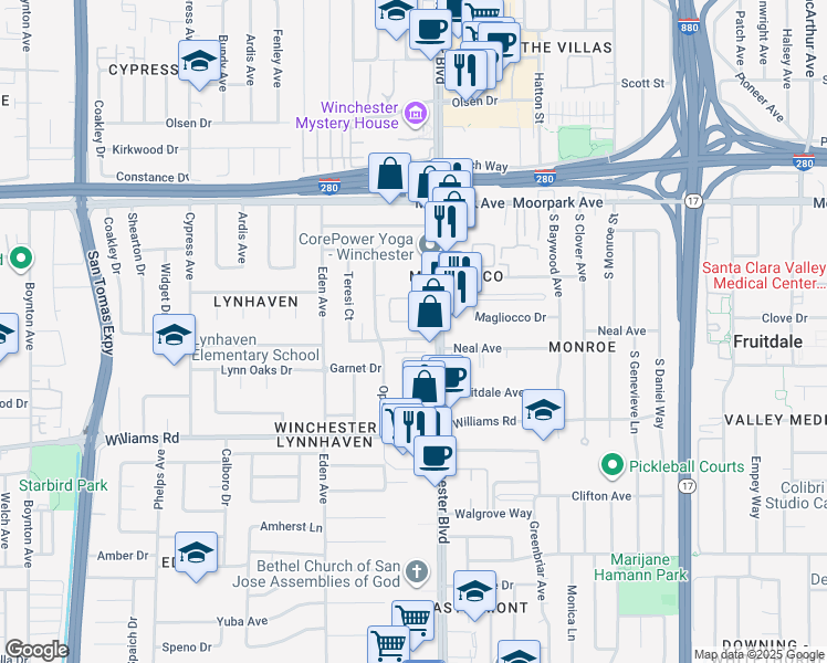 map of restaurants, bars, coffee shops, grocery stores, and more near 801 South Winchester Boulevard in San Jose