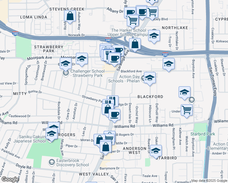 map of restaurants, bars, coffee shops, grocery stores, and more near 730 Saratoga Avenue in San Jose