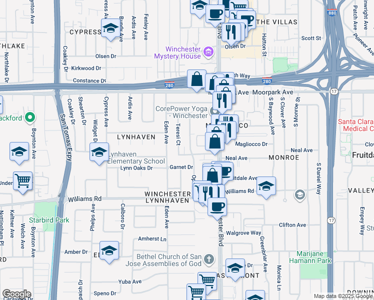 map of restaurants, bars, coffee shops, grocery stores, and more near 843 Opal Drive in San Jose