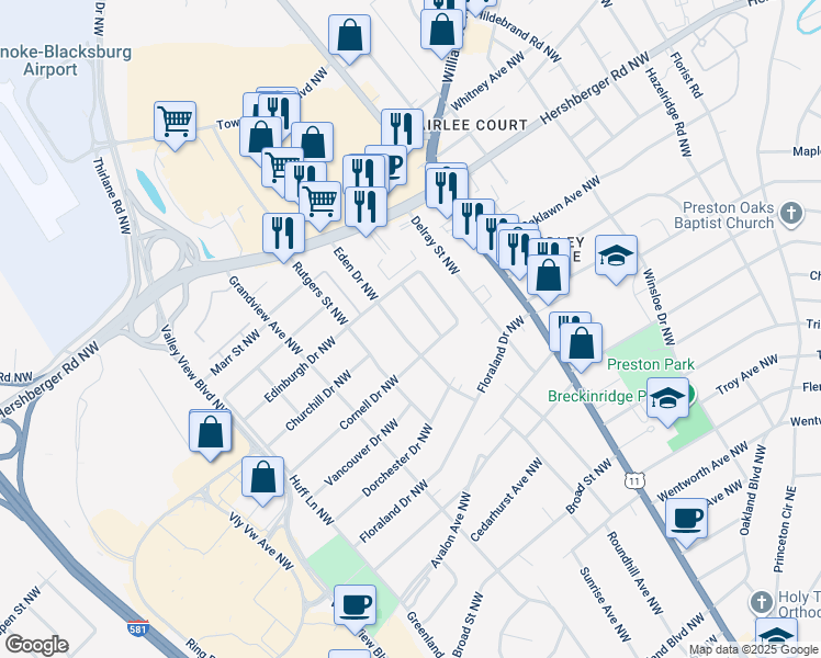 map of restaurants, bars, coffee shops, grocery stores, and more near 4621 Eden Drive Northwest in Roanoke