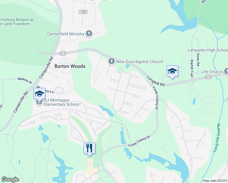 map of restaurants, bars, coffee shops, grocery stores, and more near 309 Leven Links in Williamsburg