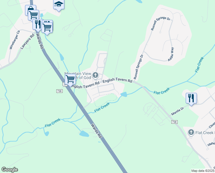 map of restaurants, bars, coffee shops, grocery stores, and more near 16 Crocetti Lane in Lynchburg