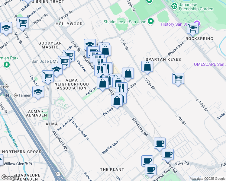 map of restaurants, bars, coffee shops, grocery stores, and more near 1660 Monterey Road in San Jose
