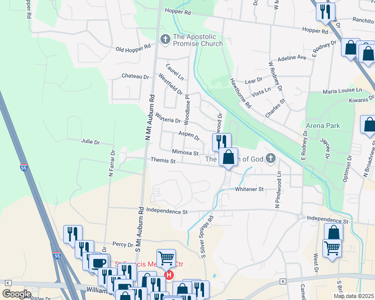 map of restaurants, bars, coffee shops, grocery stores, and more near 3030 Mimosa Street in Cape Girardeau