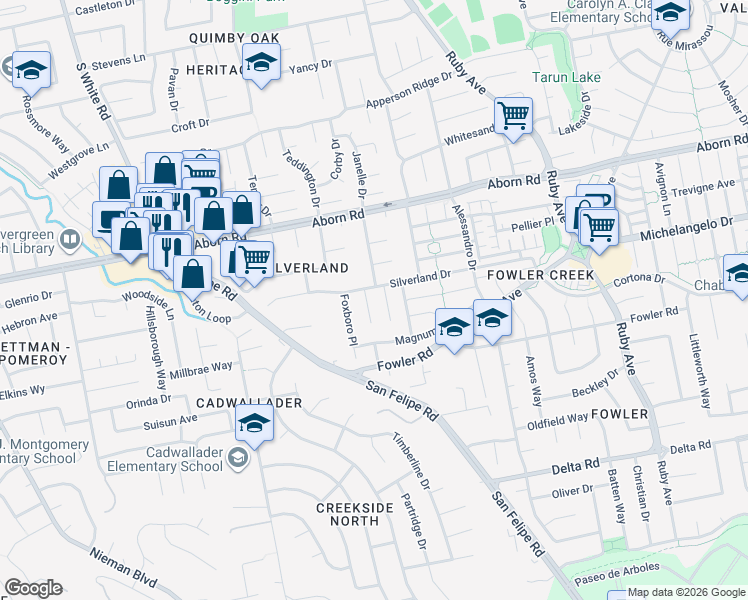 map of restaurants, bars, coffee shops, grocery stores, and more near 3205 Trellis Place in San Jose
