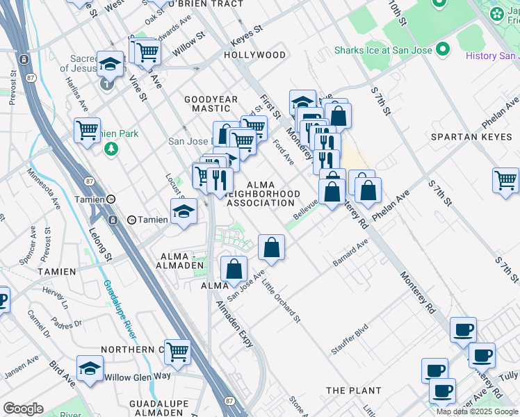 map of restaurants, bars, coffee shops, grocery stores, and more near 150 Cottage Grove Avenue in San Jose