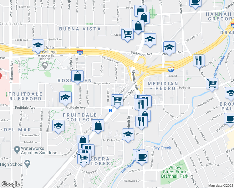 map of restaurants, bars, coffee shops, grocery stores, and more near 807 Deland Avenue in San Jose