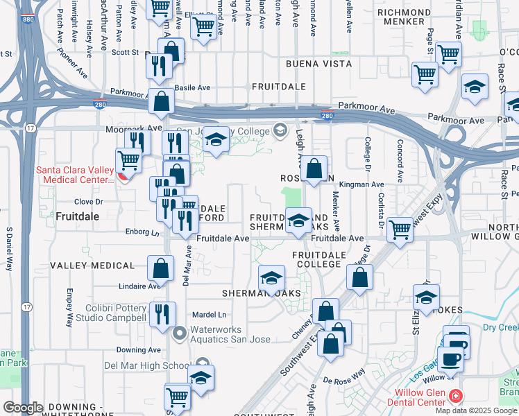 map of restaurants, bars, coffee shops, grocery stores, and more near 1919 Fruitdale Avenue in San Jose