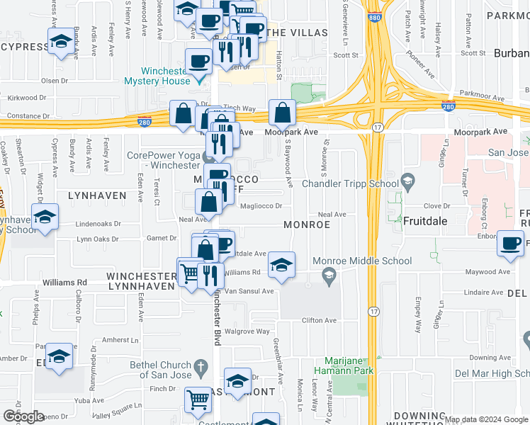 map of restaurants, bars, coffee shops, grocery stores, and more near 2970 Magliocco Drive in San Jose