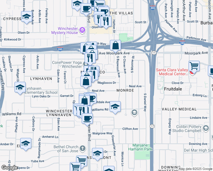 map of restaurants, bars, coffee shops, grocery stores, and more near 2970 Magliocco Drive in San Jose