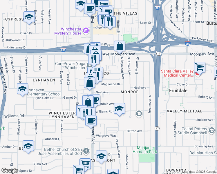 map of restaurants, bars, coffee shops, grocery stores, and more near 2970 Magliocco Drive in San Jose