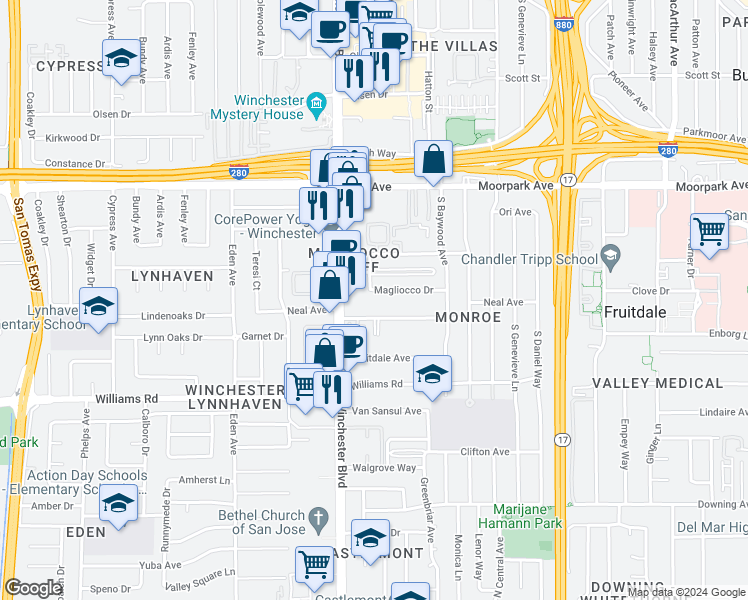 map of restaurants, bars, coffee shops, grocery stores, and more near 3050 Magliocco Drive in San Jose