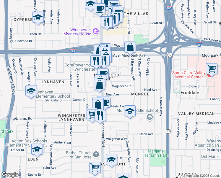 map of restaurants, bars, coffee shops, grocery stores, and more near 3050 Magliocco Drive in San Jose