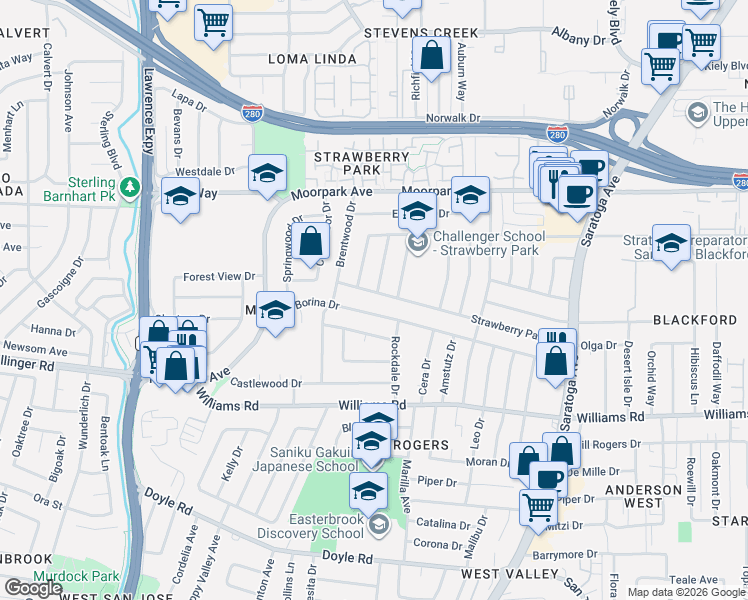 map of restaurants, bars, coffee shops, grocery stores, and more near 4712 Strawberry Park Drive in San Jose