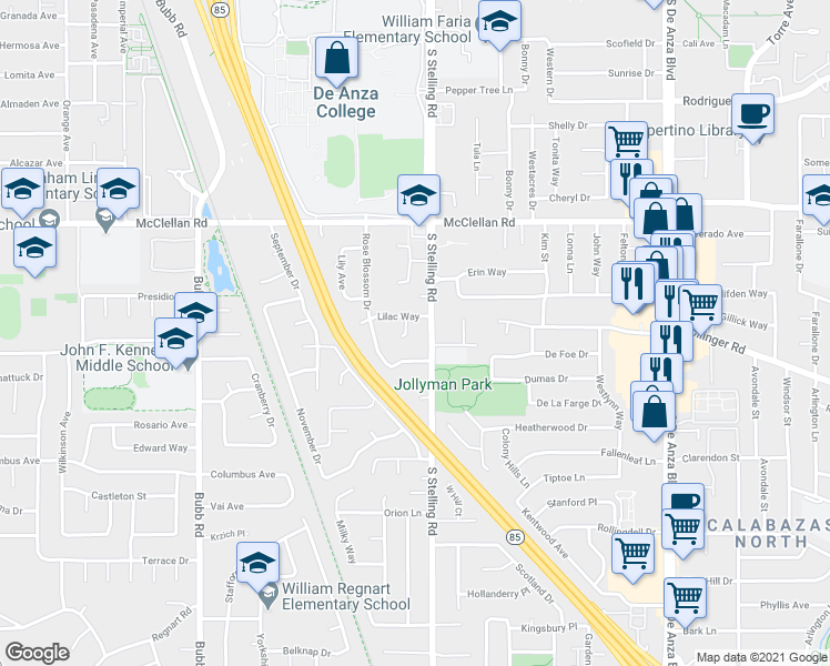 map of restaurants, bars, coffee shops, grocery stores, and more near 10732 South Stelling Road in Cupertino