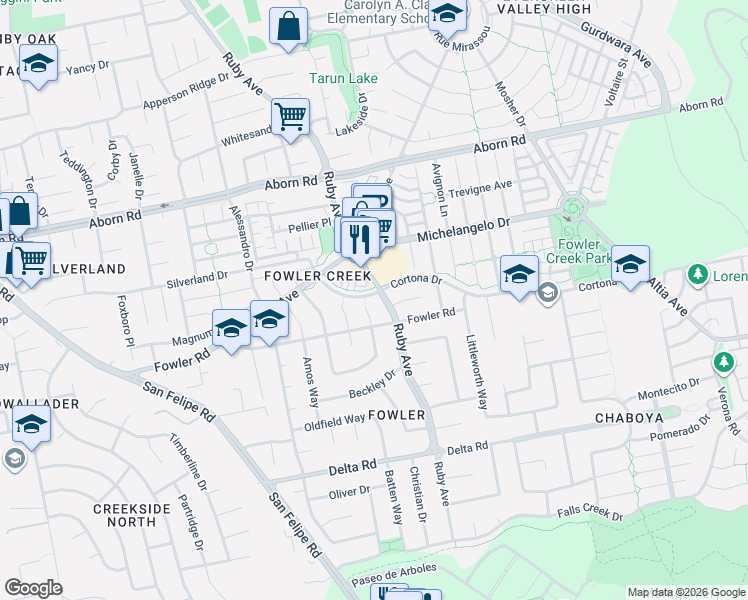 map of restaurants, bars, coffee shops, grocery stores, and more near 4035 Evergreen Village Square in San Jose
