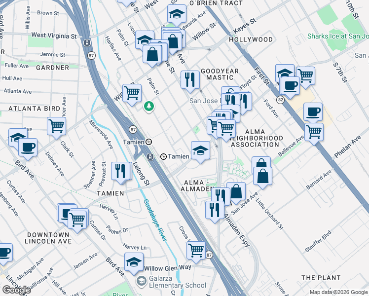 map of restaurants, bars, coffee shops, grocery stores, and more near 1346 Palm Street in San Jose