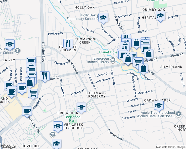 map of restaurants, bars, coffee shops, grocery stores, and more near 2544 Glenrio Drive in San Jose