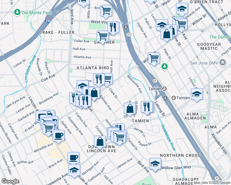 map of restaurants, bars, coffee shops, grocery stores, and more near 1124 Clark Street in San Jose