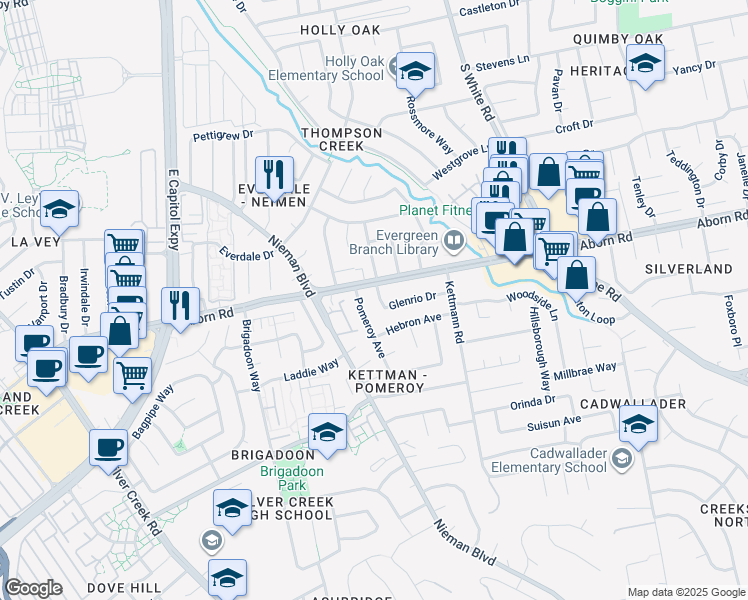 map of restaurants, bars, coffee shops, grocery stores, and more near 2544 Glenrio Drive in San Jose