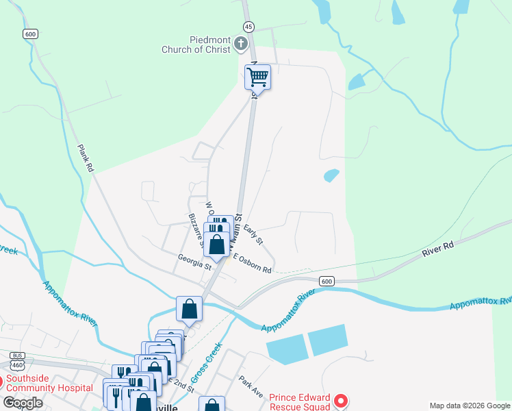 map of restaurants, bars, coffee shops, grocery stores, and more near 1004 Bragg Street in Farmville