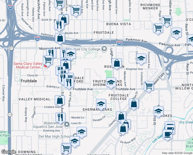 map of restaurants, bars, coffee shops, grocery stores, and more near 1919 Fruitdale Avenue in San Jose