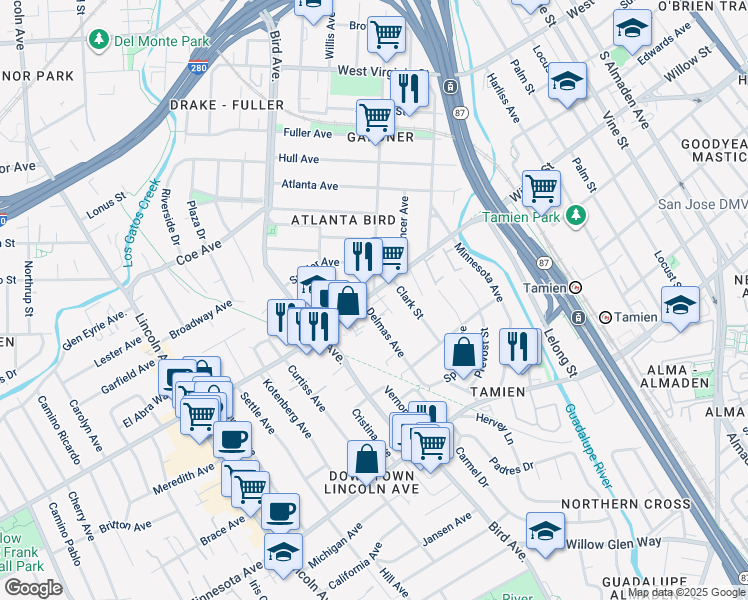 map of restaurants, bars, coffee shops, grocery stores, and more near 682 Willow Street in San Jose
