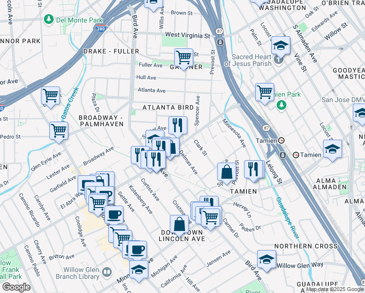 map of restaurants, bars, coffee shops, grocery stores, and more near 682 Willow Street in San Jose