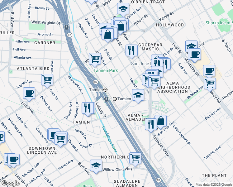map of restaurants, bars, coffee shops, grocery stores, and more near 1197 Lick Avenue in San Jose