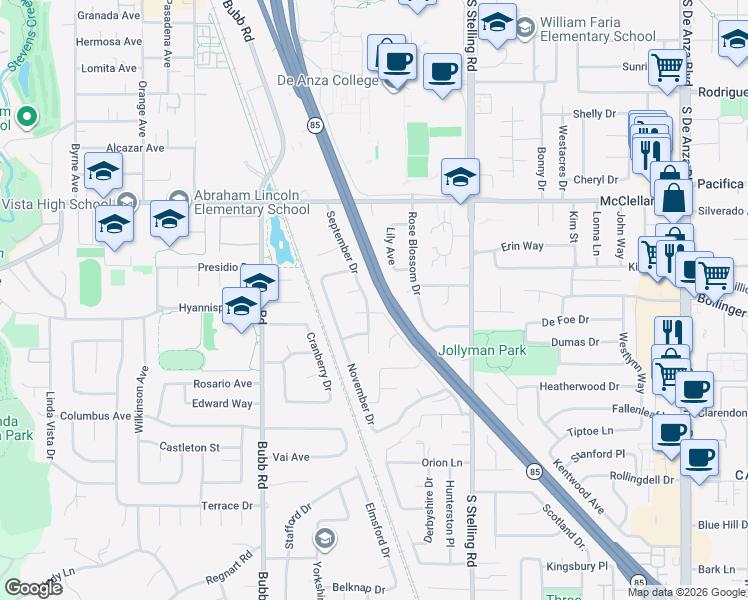 map of restaurants, bars, coffee shops, grocery stores, and more near 942 September Drive in Cupertino