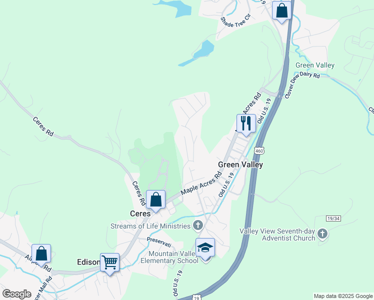 map of restaurants, bars, coffee shops, grocery stores, and more near 350 Blue Spruce Lane in Bluefield