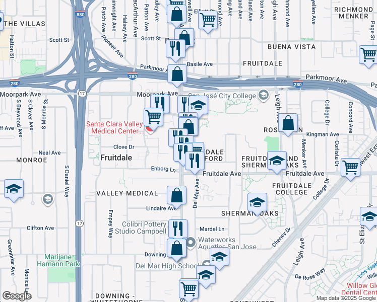 map of restaurants, bars, coffee shops, grocery stores, and more near 2125 Rexford Way in San Jose