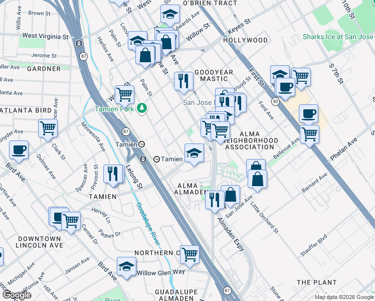 map of restaurants, bars, coffee shops, grocery stores, and more near 1376 Palm Street in San Jose