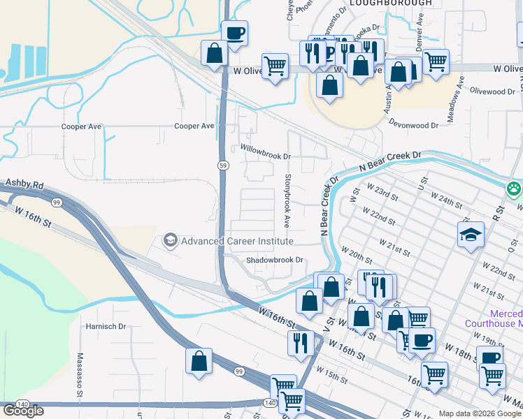 map of restaurants, bars, coffee shops, grocery stores, and more near 2500 North State Highway 59 in Merced