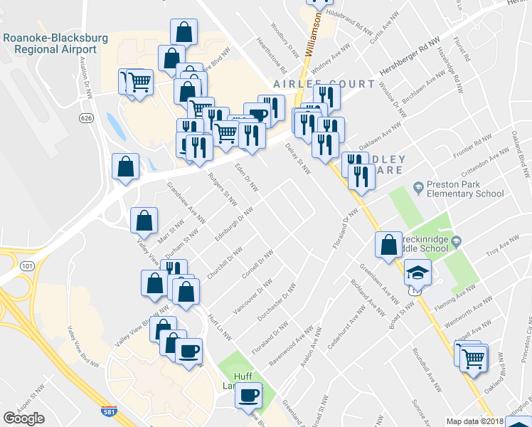map of restaurants, bars, coffee shops, grocery stores, and more near 4712 Eden Drive Northwest in Roanoke