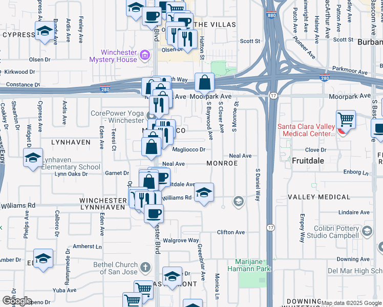 map of restaurants, bars, coffee shops, grocery stores, and more near 2970 Magliocco Drive in San Jose