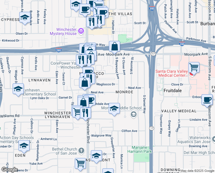 map of restaurants, bars, coffee shops, grocery stores, and more near 2970 Magliocco Drive in San Jose