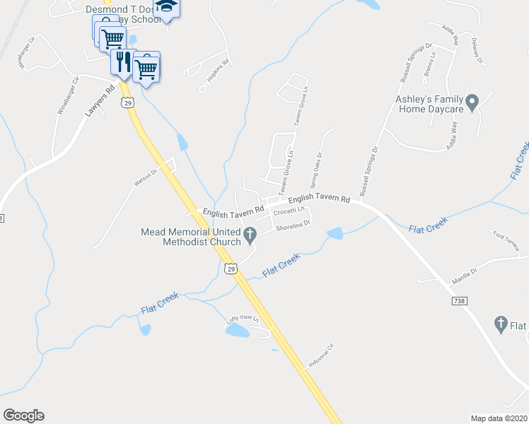 map of restaurants, bars, coffee shops, grocery stores, and more near 53 Crocetti Lane in Lynchburg