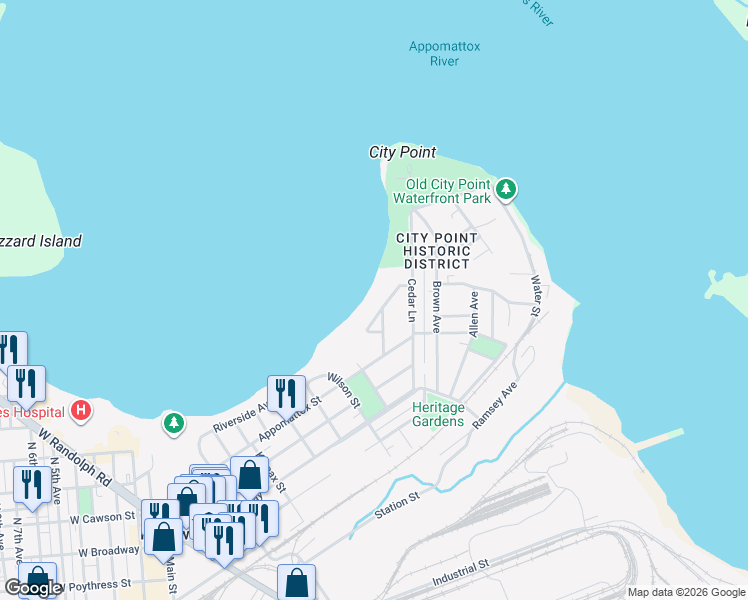 map of restaurants, bars, coffee shops, grocery stores, and more near 711 Francis Street in Hopewell