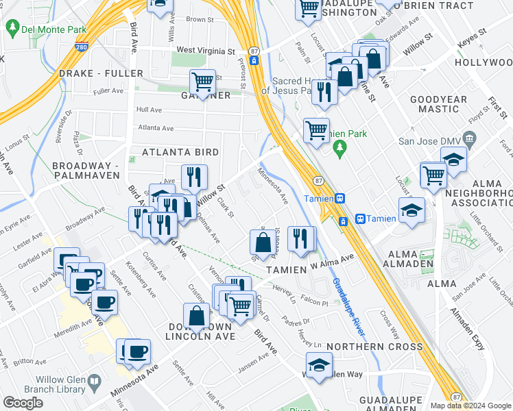 map of restaurants, bars, coffee shops, grocery stores, and more near 1190 Spencer Avenue in San Jose