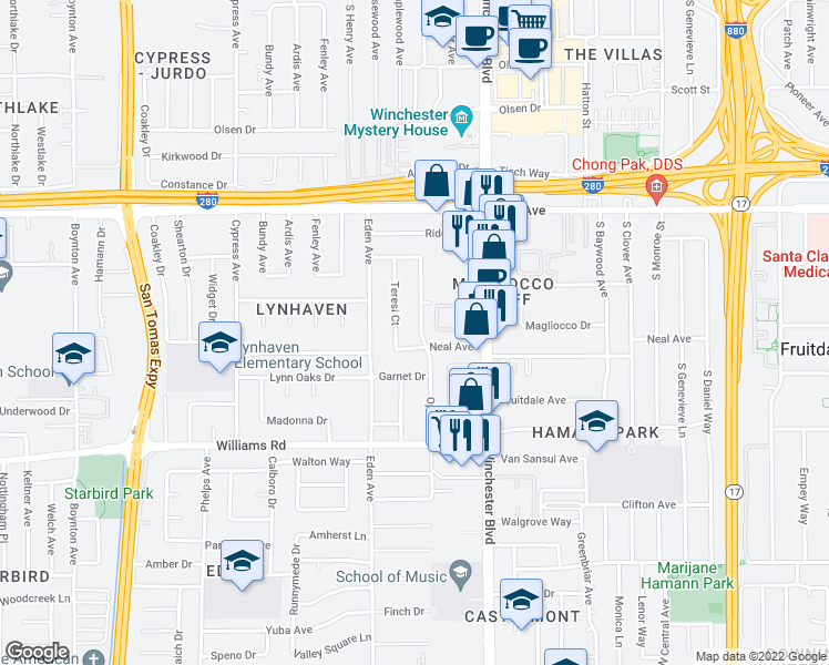 map of restaurants, bars, coffee shops, grocery stores, and more near 837 Opal Drive in San Jose