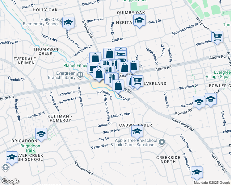map of restaurants, bars, coffee shops, grocery stores, and more near 3365 Keaton Loop in San Jose